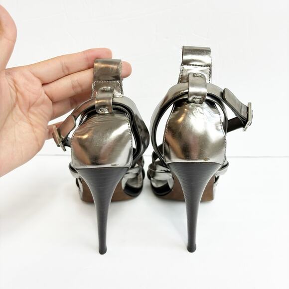 TORY BURCH METALLIC PEWTER STRAPPY HEELED SANDALS SIZE 10 - Picture 7 of 8